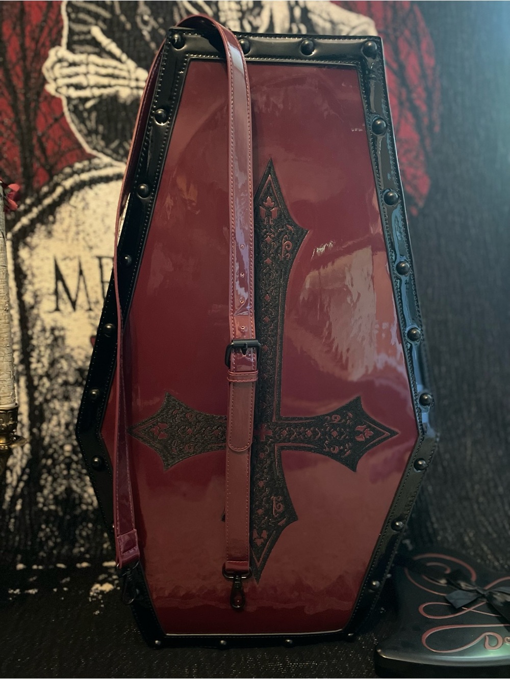 Dolls Kill Wine Red Coffin Weekender Bag with Black Embroidered Cross